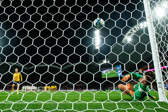 Lina Hurtig of Sweden scores the decisive goal behind