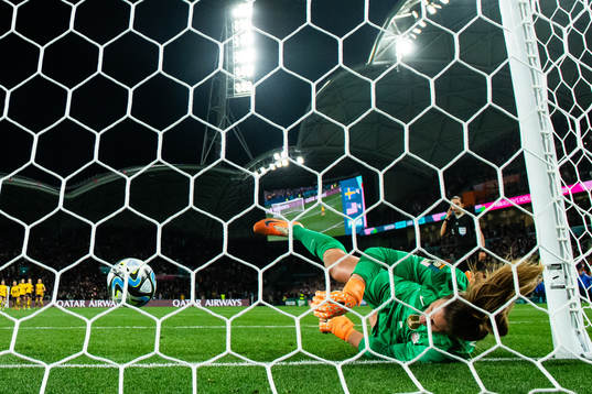Lina Hurtig of Sweden scores the decisive goal behind