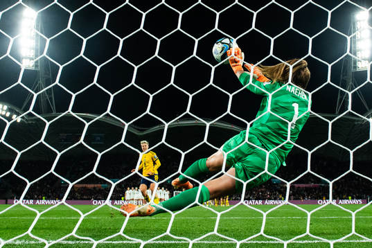 Lina Hurtig of Sweden scores the decisive goal behind