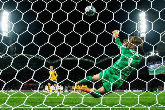 Lina Hurtig of Sweden scores the decisive goal behind