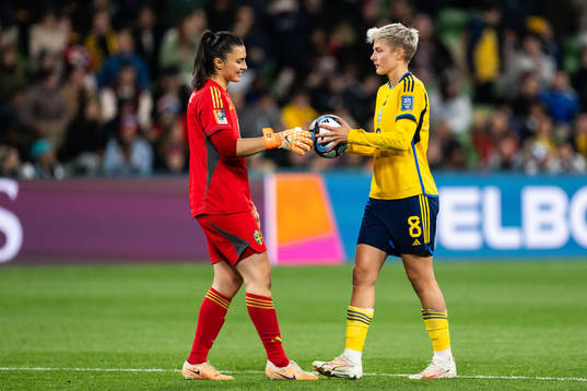 Goalkeeper Zecira Musovic and Lina Hurtig of Sweden