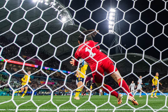 Goalkeeper Zecira Musovic of Sweden with a save