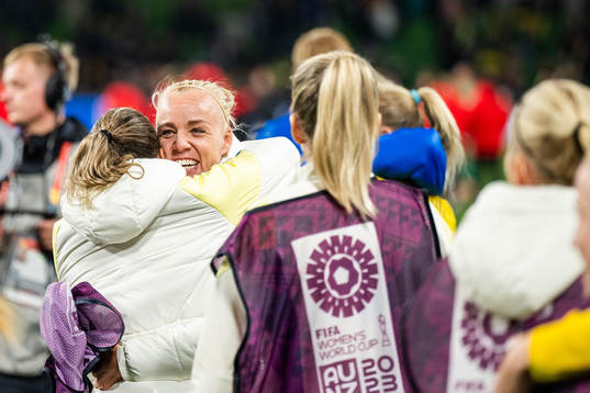 Caroline Seger of Sweden celebrates with team mates