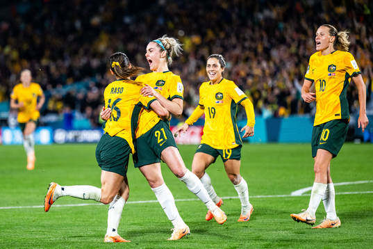 Hayley Raso of Australia celebrates with team