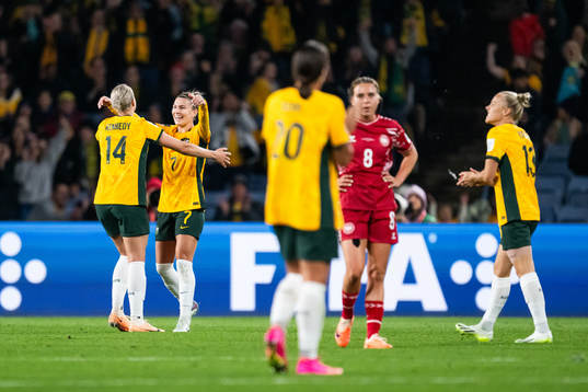 Alanna Kennedy and Steph Catley of Australia celebrate