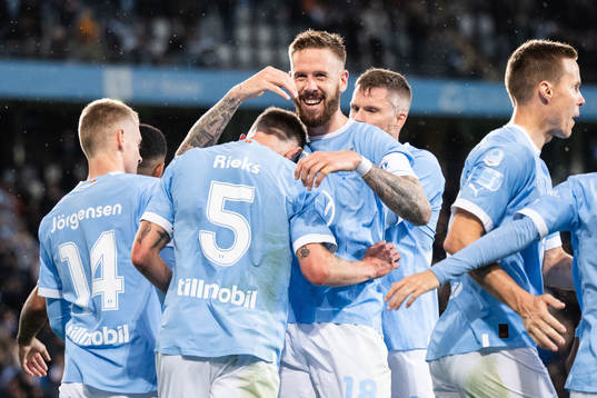 Malmö FFs Søren Rieks jublar med Pontus Jansson