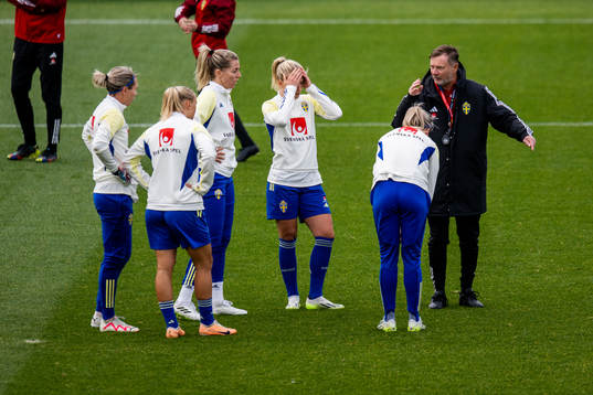 Head coach Peter Gerhardsson and players of Sweden at a