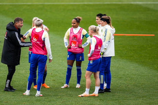 Head coach Peter Gerhardsson and players of Sweden at a