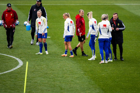 Head coach Peter Gerhardsson and players of Sweden at a