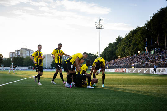 Mikkel Rygaard Jensen celebrates with team mates