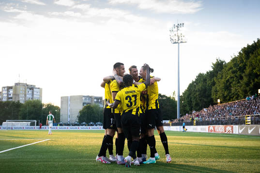 Mikkel Rygaard Jensen celebrates with team mates