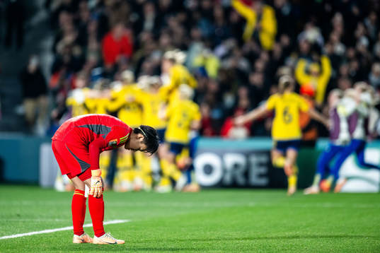 Goalkeeper Ayaka Yamashita of Japan looks dejected