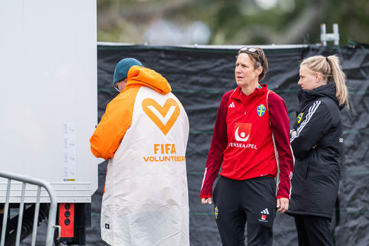 Equipment manager Jessica Karlsson watches the kit truck of