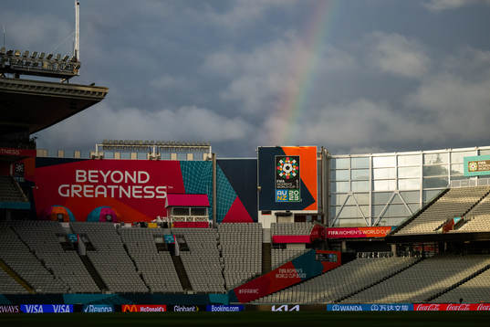 A rainbow is seen over Eden Park