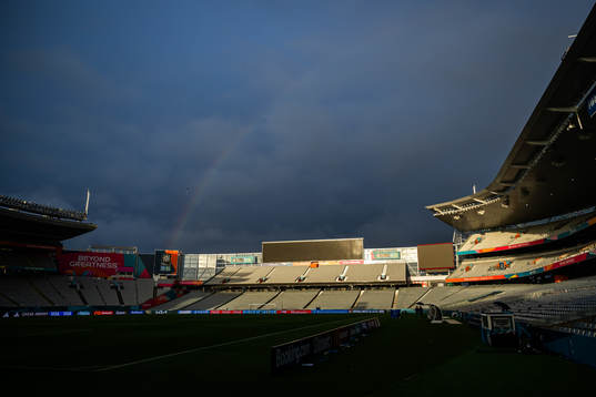 A rainbow is seen over Eden Park
