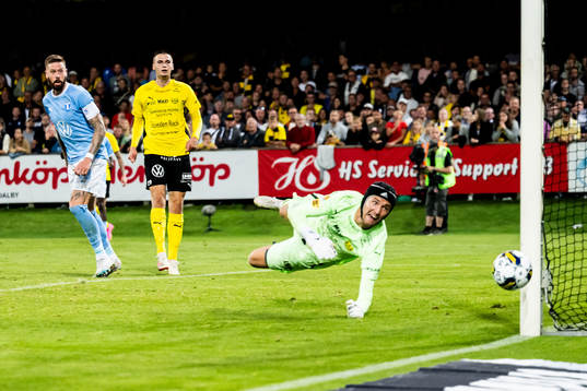 Malmö FFs Pontus Jansson och Mjällbys Noah Eile och