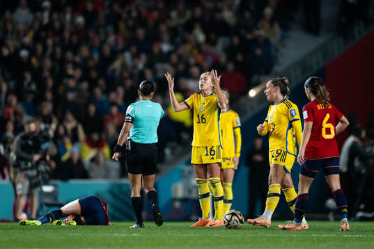 Filippa Angeldahl of Sweden reacts towards referee Edina