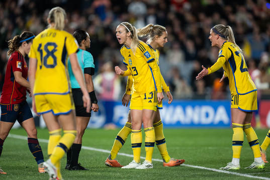Amanda Ilestedt of Sweden reacts towards referee Edina Alves