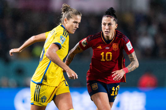 Filippa Angeldahl of Sweden and Jennifer Hermoso of Spain