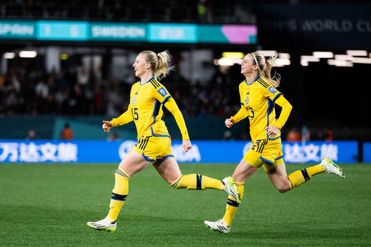 Rebecka Blomqvist of Sweden celebrates with  Amanda Ilestedt