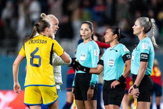 Magdalena Eriksson and Caroline Seger of Sweden reacts