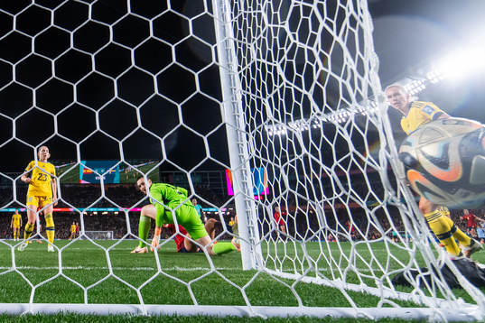 Elin Rubensson, goalkeeper Zecira Musovic amd Jonna