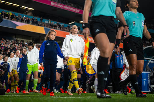 Goalkeeper Zecira Musovic and Kosovare Asllani of Sweden