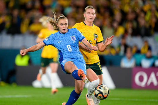 Georgia Stanway of England and Clare Hunt of Australia