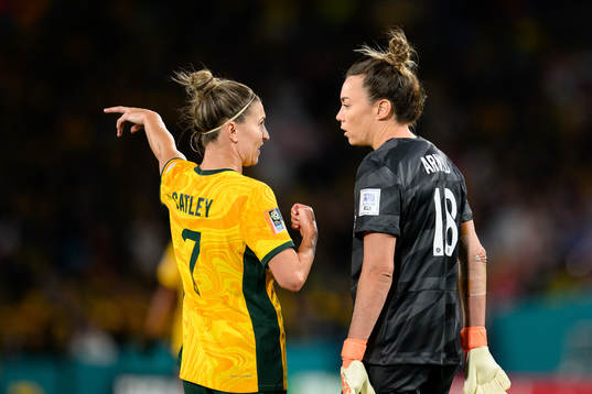 Steph Catley goalkeeper Mackenzie Arnold of Australia