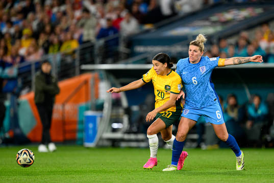 Sam Kerr of Australia and Millie Bright of England
