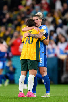 Sam Kerr of Australia and Millie Bright of England