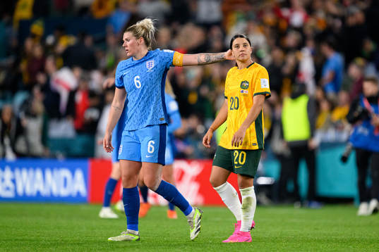 Millie Bright of England and Sam Kerr of Australia