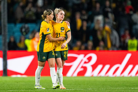 Kyra Cooney-Cross and Ellie Carpenter of Australia look
