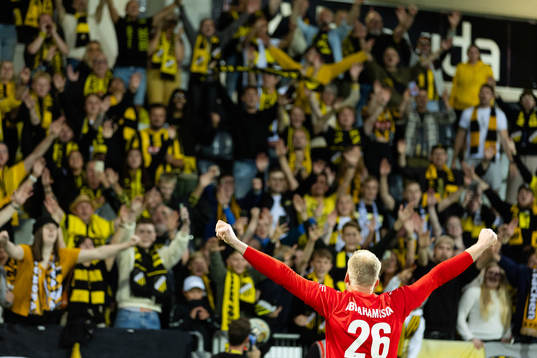 Goalkeeper Peter Abrahamsson of Häcken celebrates with