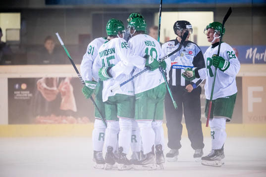 Rodrigo Abols of Rögle celebrate with teammates