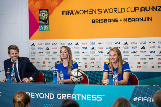Kosovare Asllani and Magdalena Eriksson of the Swedish