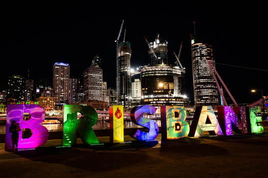 Lit up letters that read ”Brisbane”  is seen in front