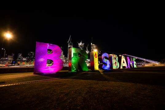 Lit up letters that read ”Brisbane”  is seen in front
