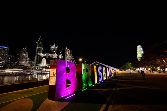 Lit up letters that read ”Brisbane”  is seen in front