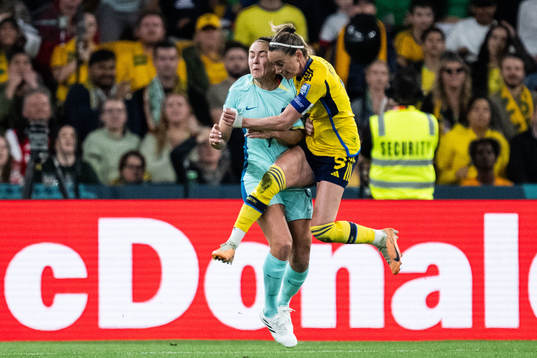Caitlin Foord of Australia and Kosovare Asllani of Sweden