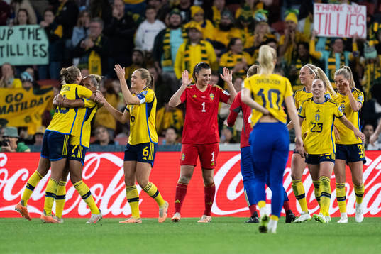 Goalkeeper Zecira Musovic of Sweden celebrates with team