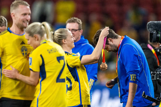 Rebecka Blomqvist of Sweden hangs her medal