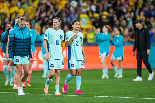 Alanna Kennedy, Emily van Egmond and Sam Kerr of Australia