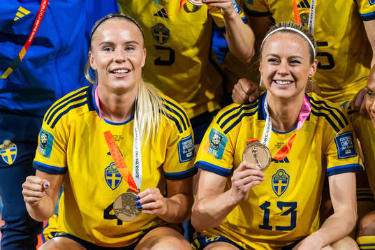 Stina Lennartsson and Amanda Ilestedt of Sweden celebrate
