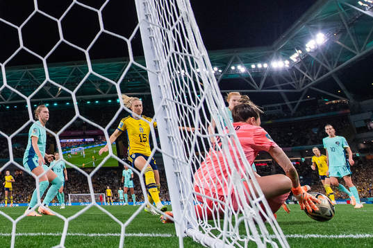 Rebecka Blomqvist of Sweden and goalkeeper Mackenzie Arnold