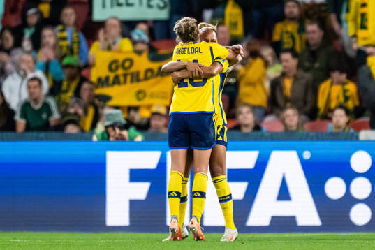 Filippa Angeldahl and Madelen Janogy of Sweden celebrate