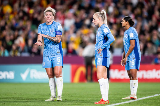 Millie Bright, Alex Greenwood and Jessica Carter of England
