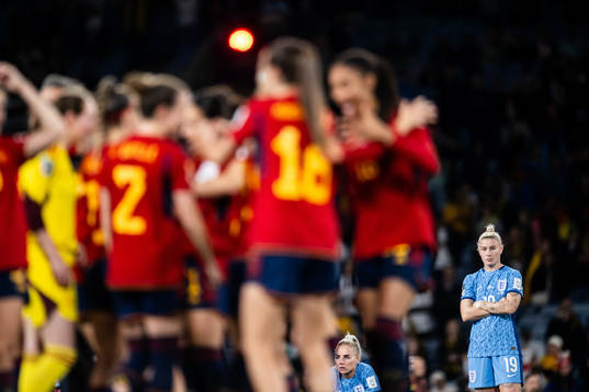 Beth England of England looks dejected