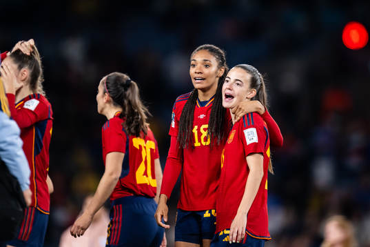 Salma Paralluelo and Maria Perez of Spain celebrate