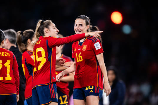 Olga Carmona and Maria Perez of Spain celebrate